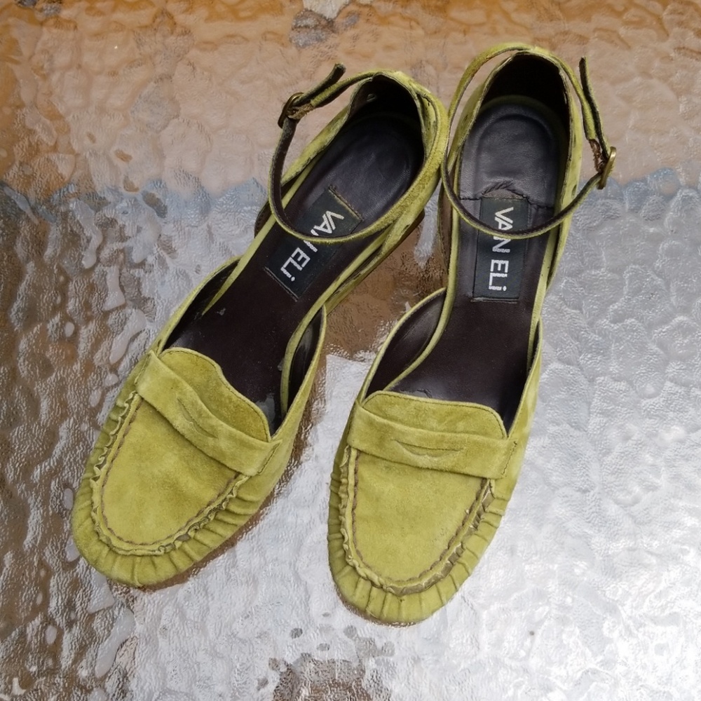 Green Suede Wedge Penny Loafer with Ankle Strap